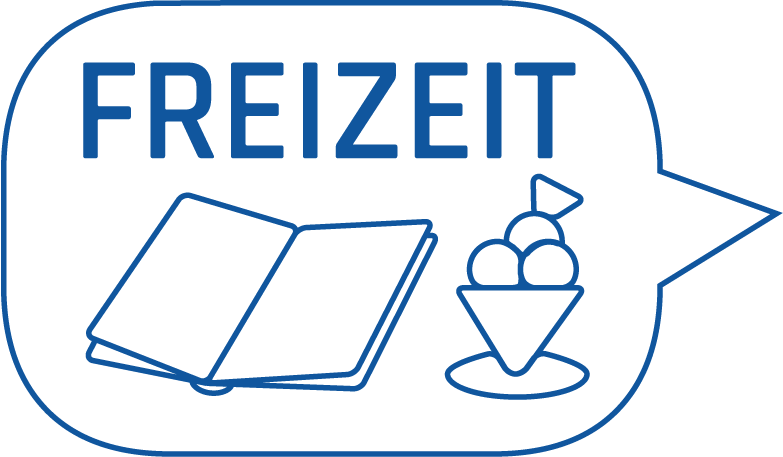 In einer Sprechblase steht das Wort Freizeit und ein Buch und ein Eis ist abgebildet.
